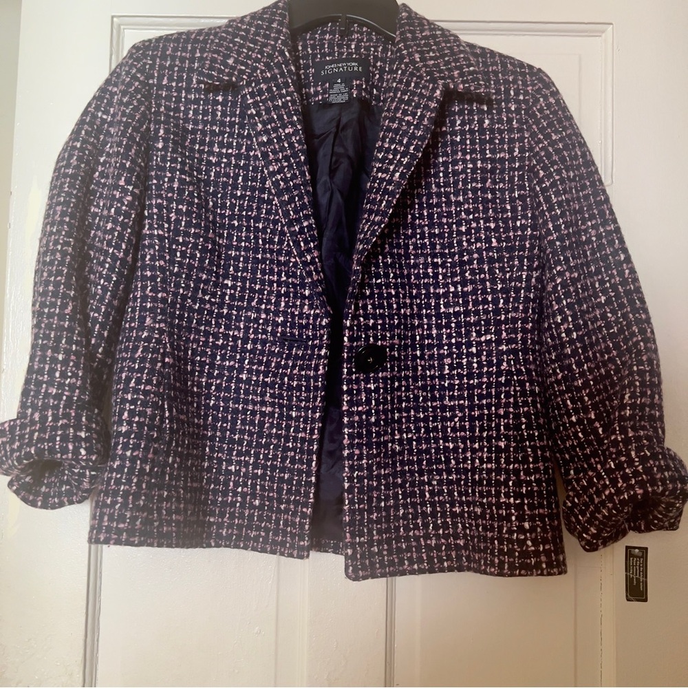 Jones New York Signature Blazer Dark Navy, Pink and Whie Tweed Jacket Size 4